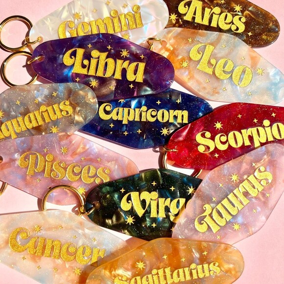 Virgo Horoscope Engraved Gold Glitter Resin Motel Style Gold Keychain - Picture 5 of 5
